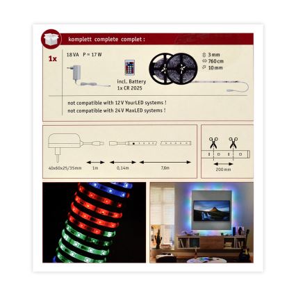 Paulmann 70514 - LED RGB/15W Tira regulable SIMPLED 7,5m 230V + control remoto