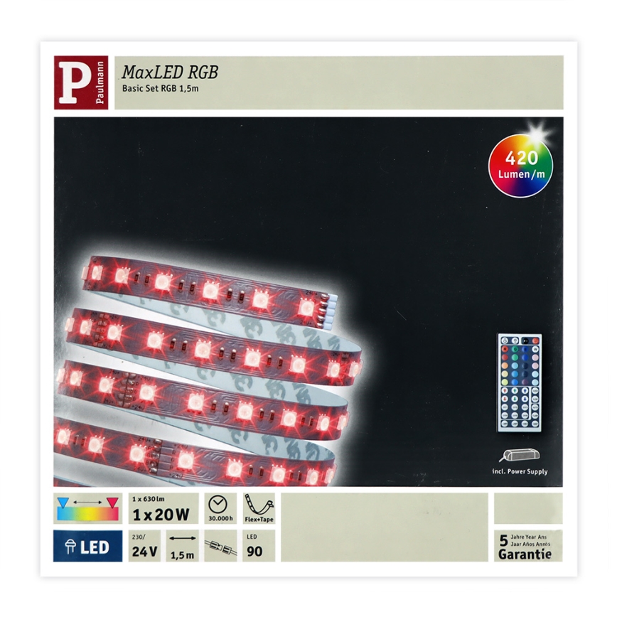 Paulmann 70587 - Tira LED RGB/20W regulable MAXLED 1,5m 230V + mando a distancia