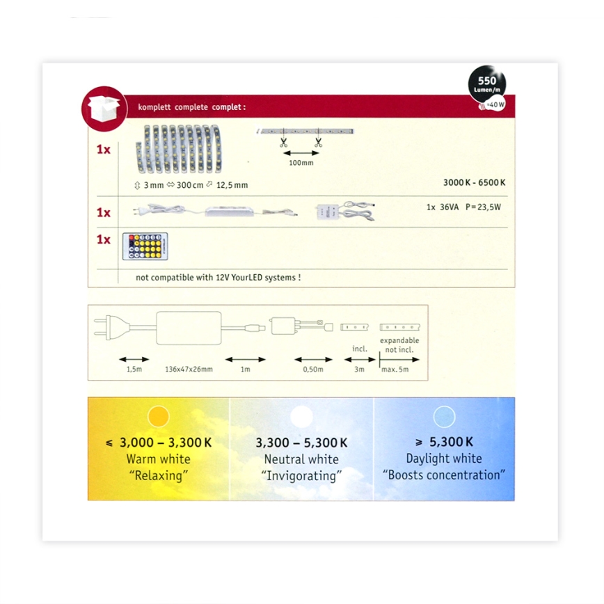 Paulmann 70624 - Tira LED regulable MAXLED 20W 3m 230V + mando a distancia