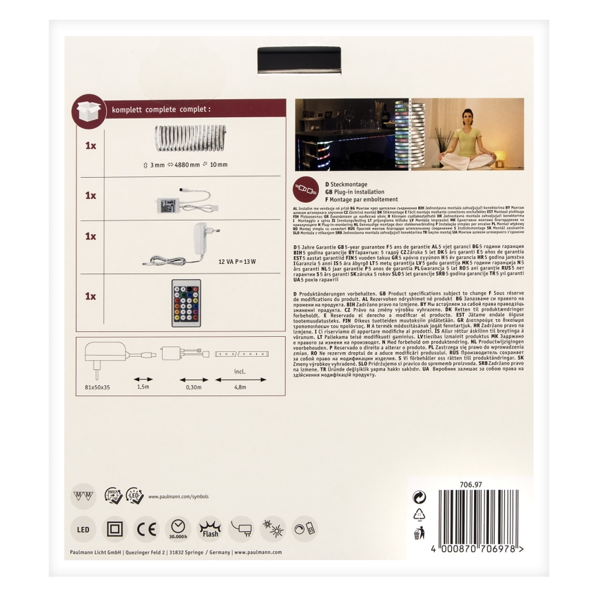Paulmann 70697 - Tira LED regulable RGBW/10,5W DIGITAL 4,8m 230V + mando a distancia
