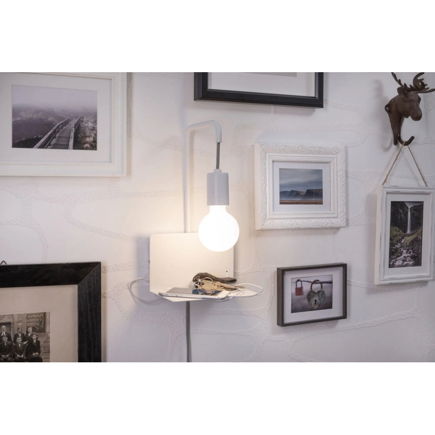 Paulmann 79812 - 1xE27/40W Aplique de pared con balda y puerto USB CALVANI 230V blanco