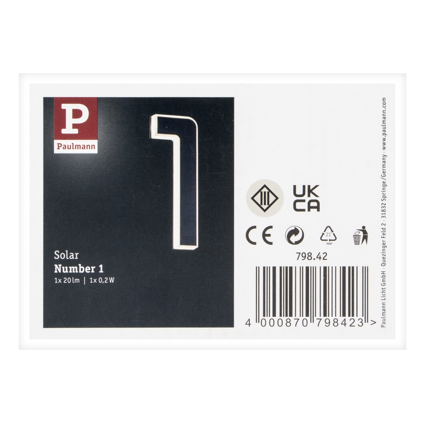Paulmann 79842 - LED/0,2W IP44 Número de casa solar 1,2V 1500 mAh