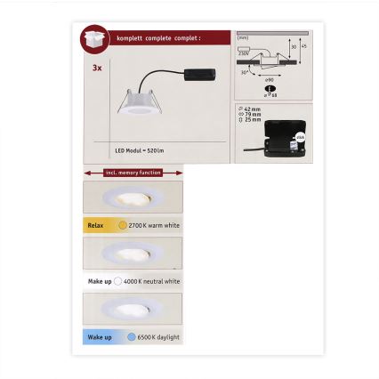 Paulmann 93012 - SET 3x LED/5,5W IP65 Lámpara empotrable de baño CALLA 230V 2700/4000/6500K