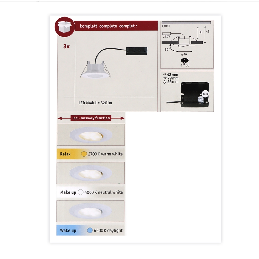 Paulmann 93012 - SET 3x LED/5,5W IP65 Lámpara empotrable de baño CALLA 230V 2700/4000/6500K