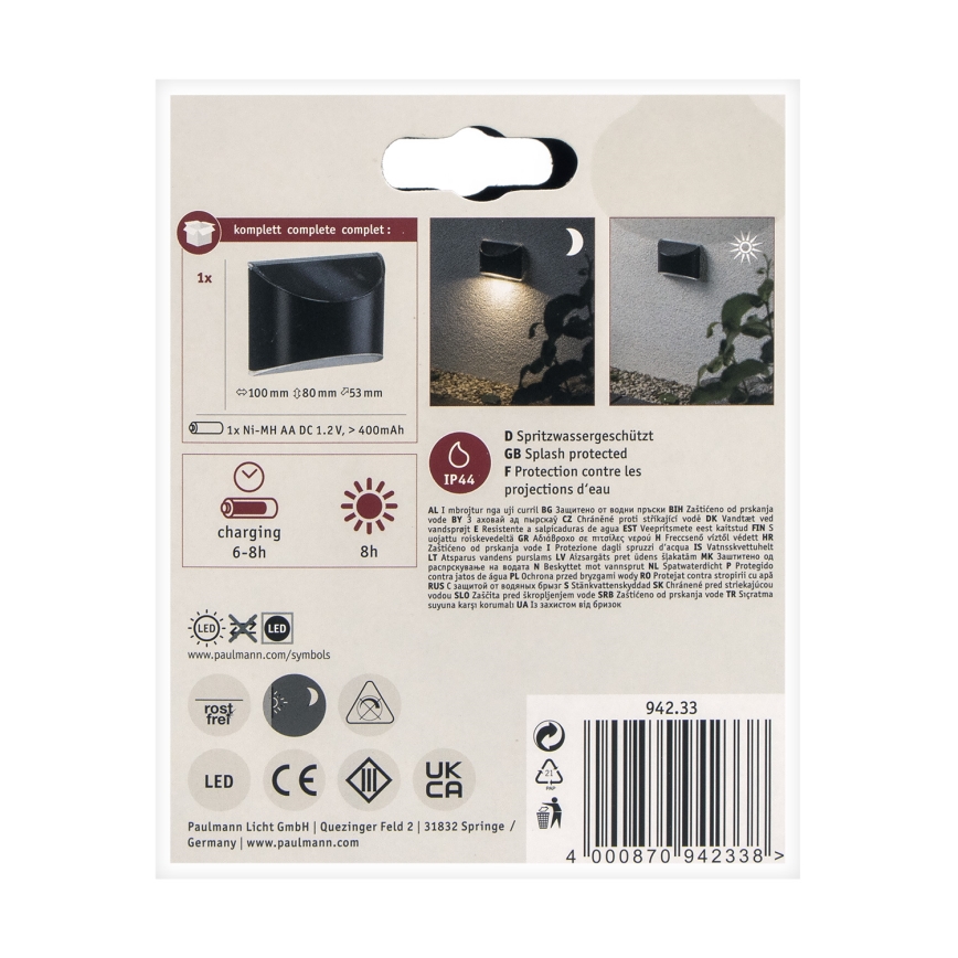 Paulmann 94233 - LED/0,05W IP44 Aplique solar ELLIOT 1,2V 400 mAh