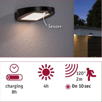 Paulmann 94246 - LED/1,2W IP44 Lámpara solar exterior con sensor RYSE 3,7V 1800 mAh