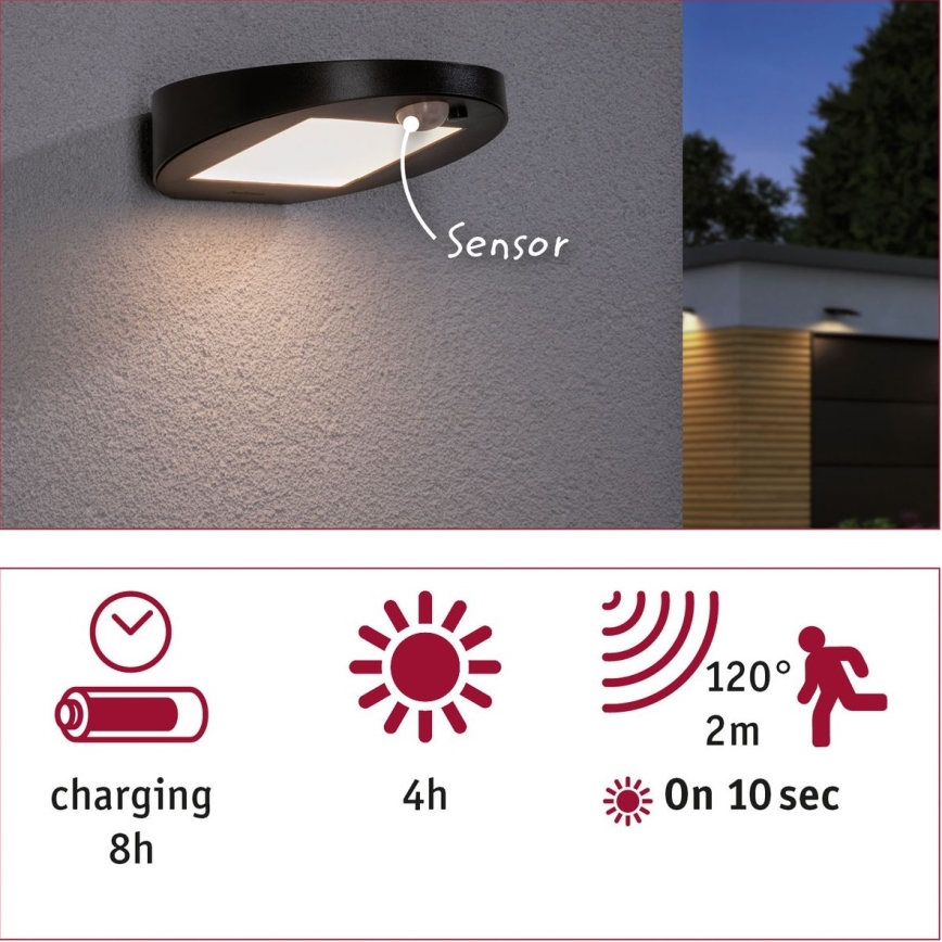 Paulmann 94246 - LED/1,2W IP44 Lámpara solar exterior con sensor RYSE 3,7V 1800 mAh