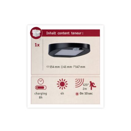 Paulmann 94246 - LED/1,2W IP44 Lámpara solar exterior con sensor RYSE 3,7V 1800 mAh