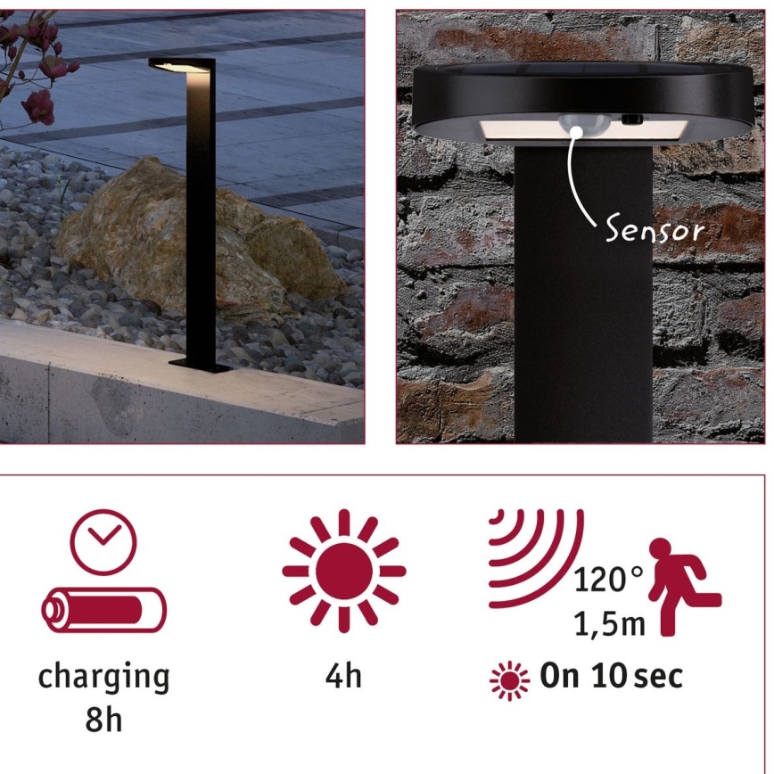 Paulmann 94249 - LED/1,2W IP44 Lámpara solar exterior con sensor RYSE 3,7V 1800 mAh