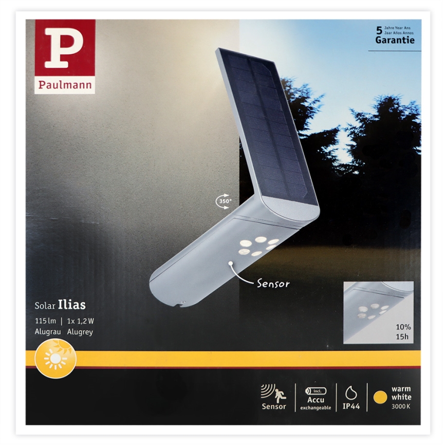 Paulmann 94261 - LED/1,2W IP44 Aplique solar con sensor ILIAS 3,7V 1800 mAh