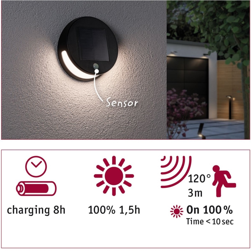 Paulmann 94265 - LED/3W IP44 Lámpara solar exterior con sensor HELENA 3,7V 1800 mAh