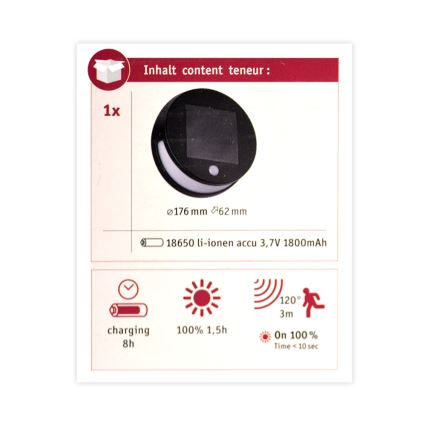 Paulmann 94265 - LED/3W IP44 Lámpara solar exterior con sensor HELENA 3,7V 1800 mAh