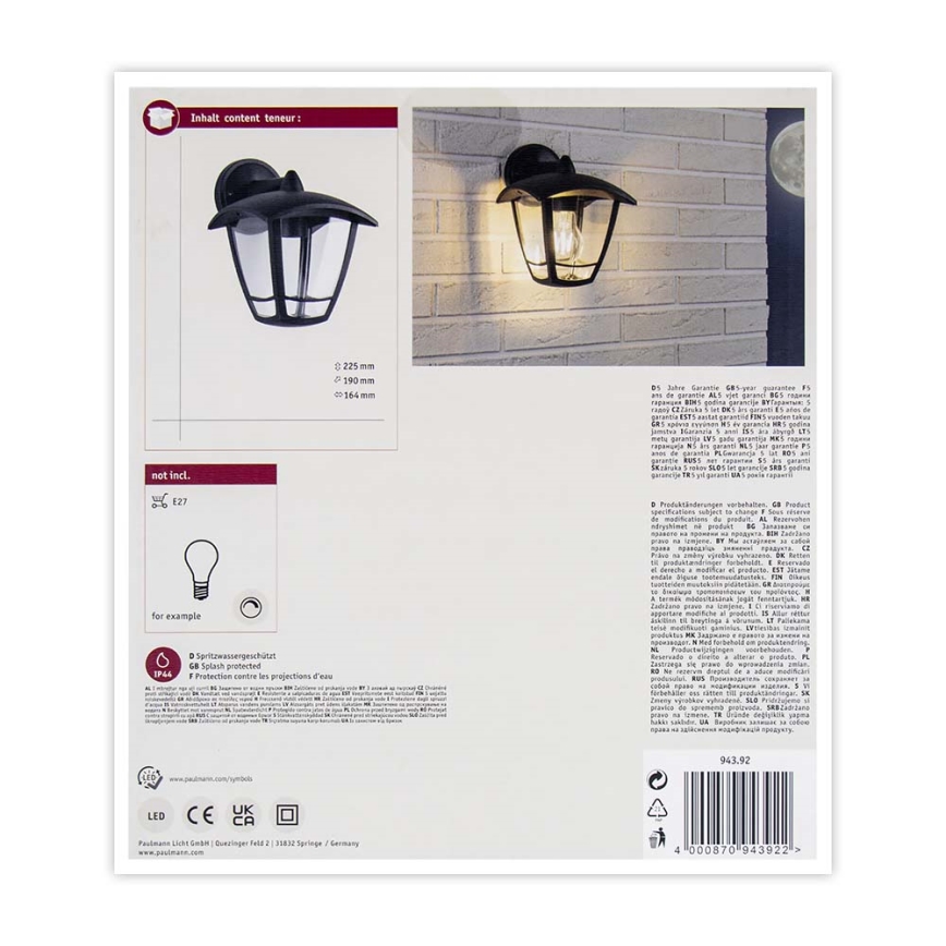 Paulmann 94392 - 1xE27/12W IP44 Aplique de exterior CLASSIC 230V