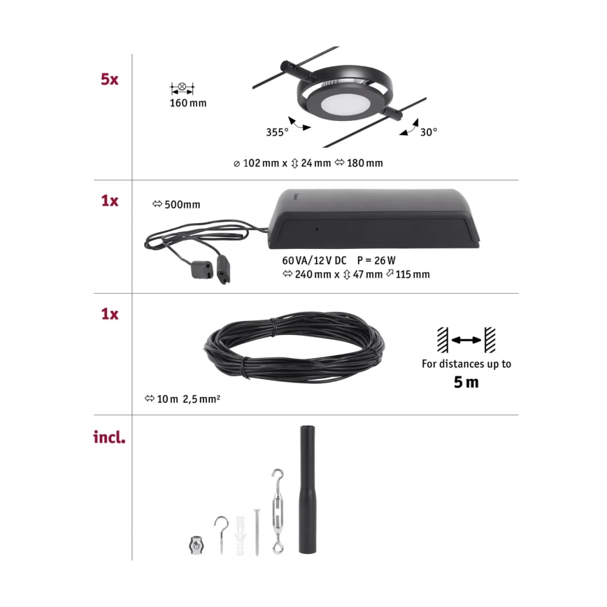 Paulmann 94418 - JUEGO 5xLED/4,5W Foco para un sistema de cadenas ROUNDMAC 230V negro