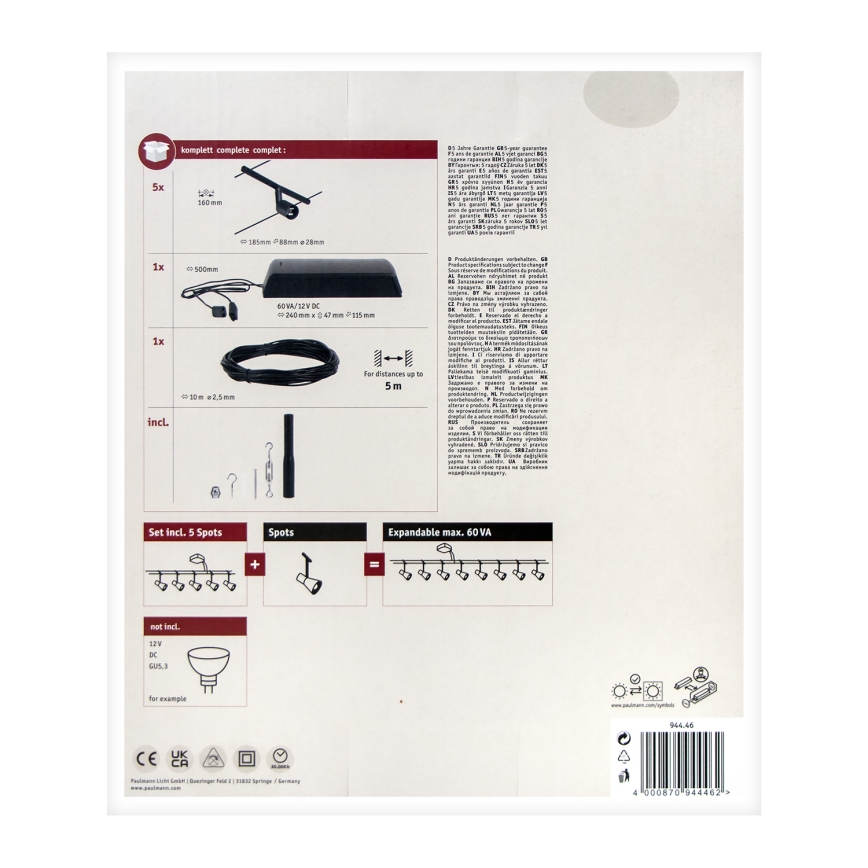 Paulmann 94446 - JUEGO 5xGU5,3/10W Foco para sistema de cadenas SALT 230V negro