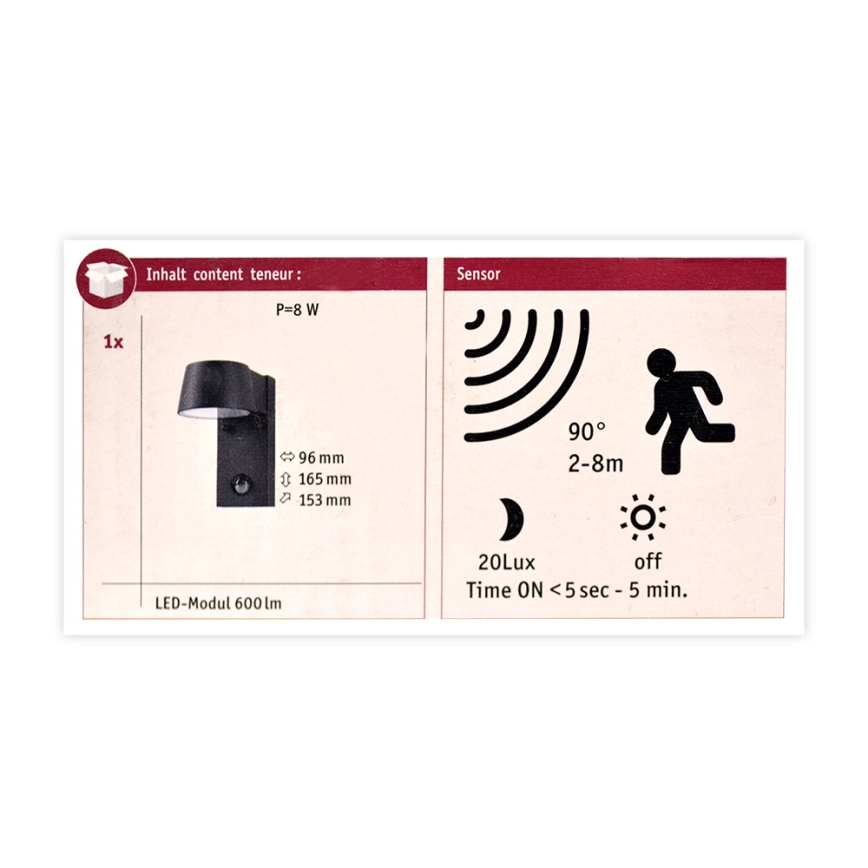 Paulmann 94453 - Aplique de exterior con sensor LED/6W IP44 CAPEA 230V