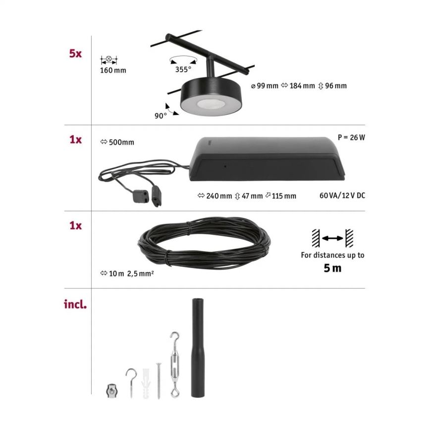 Paulmann 94479 - JUEGO 5xLED/5W Foco para sistema de rieles CIRCLE 230V negro