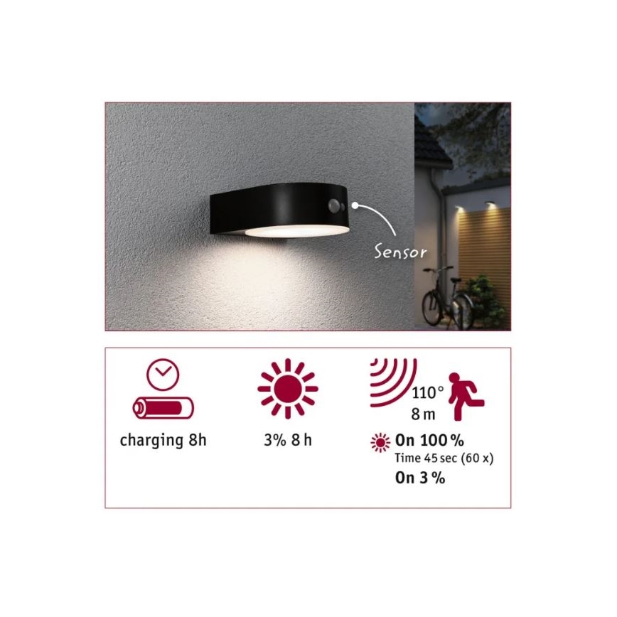 Paulmann 94570 - LED/5,5W IP44 Aplique solar con sensor EILEEN 3,7V 2000 mAh