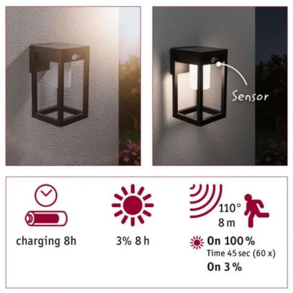 Paulmann 94572 -LED/5,5W IP44 Aplique solar con sensor MARISOL 3,7V 2000 mAh