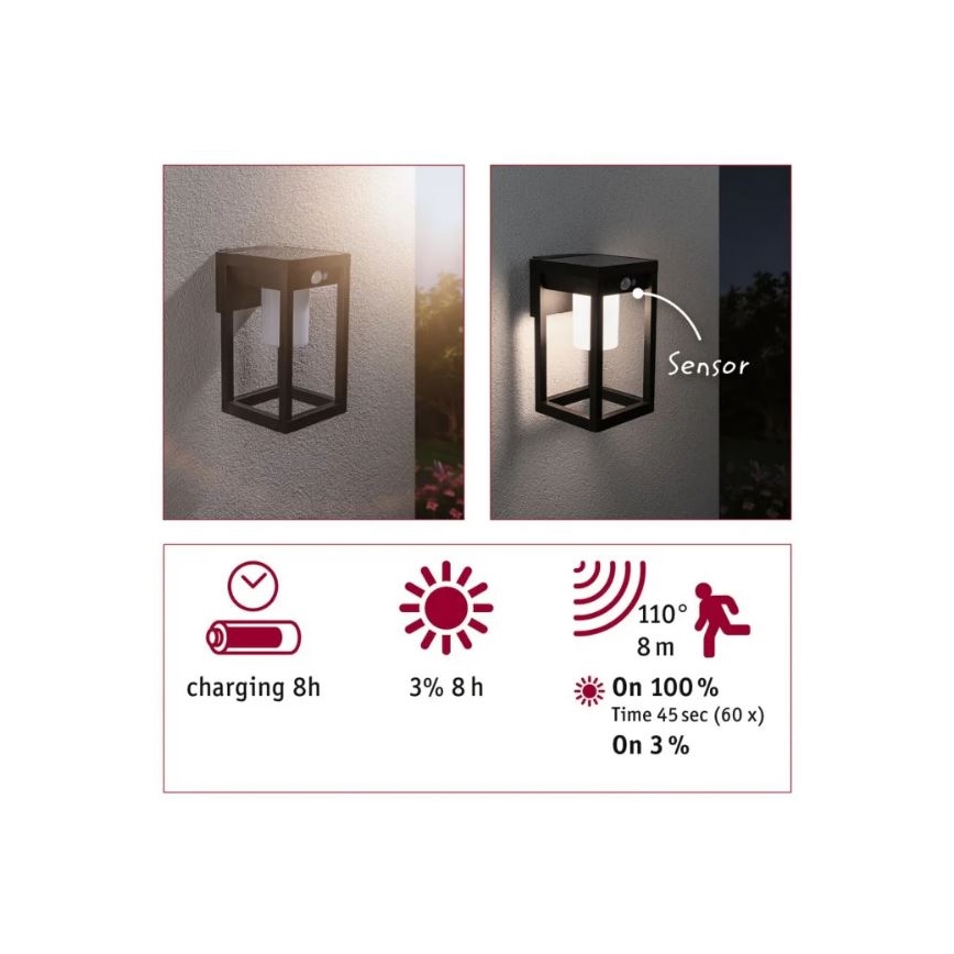 Paulmann 94572 -LED/5,5W IP44 Aplique solar con sensor MARISOL 3,7V 2000 mAh