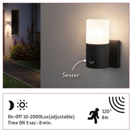 Paulmann 94648 - 1xE27/15W IP44 Aplique para exterior con sensor TUBS 230V