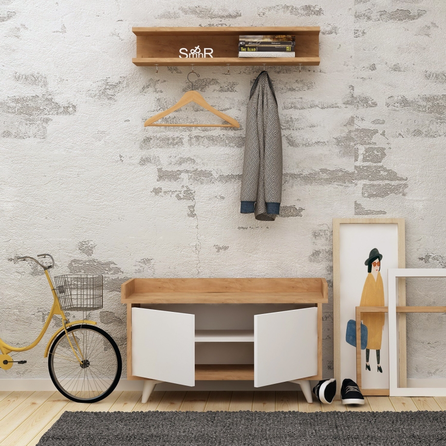 Percha de pared ARASSO 18,8x80 cm + mueble zapatero 60x90 blanco/marrón