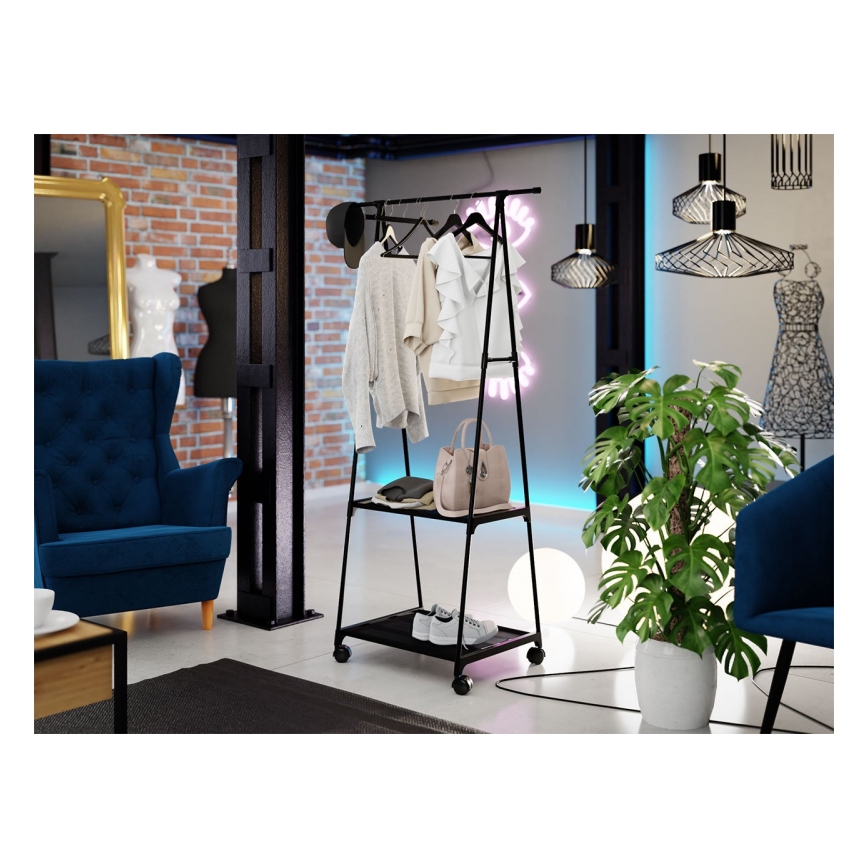 Percha metálica móvil con estantes OLAZEN 157x85 cm negro