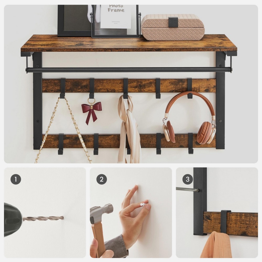 Perchero de pared con estante NATE marrón/negro