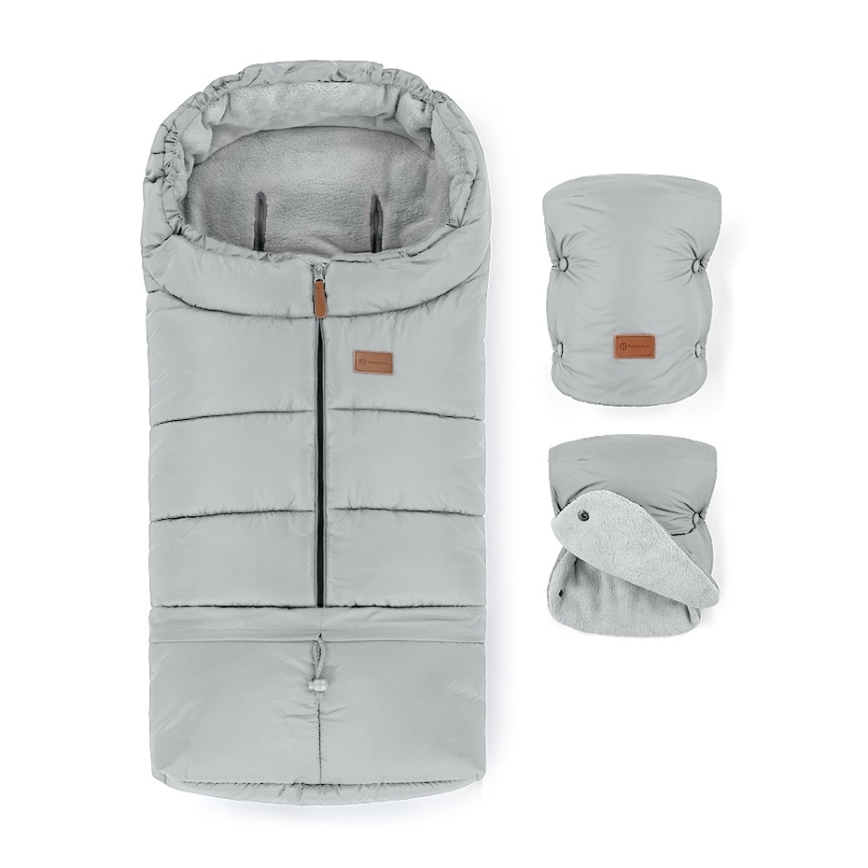 PETITE&MARS - CONJUNTO Saco infantil 3 en 1 JIBOT + manoplas para cochecito JASIE gris claro