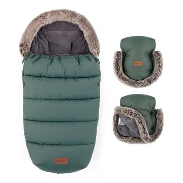 PETITE&MARS - SET Saco infantil 4 en 1 COMFY + manoplas para cochecito FURRY Kaki