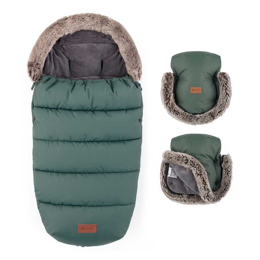 PETITE&MARS - SET Saco infantil 4 en 1 COMFY + manoplas para cochecito FURRY Kaki