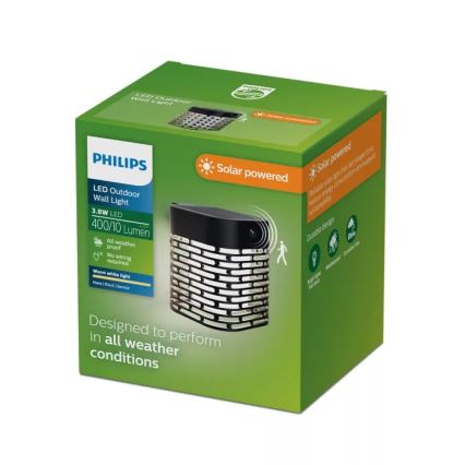 Philips - Aplique solar de pared con sensor HARA LED/3,8W/3,7V 800 mAh 2700K IP44 negro