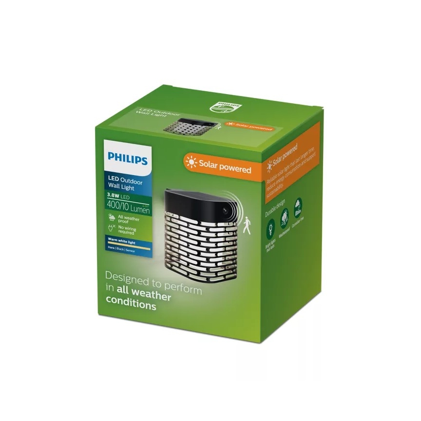 Philips - Aplique solar de pared con sensor HARA LED/3,8W/3,7V 800 mAh 2700K IP44 negro