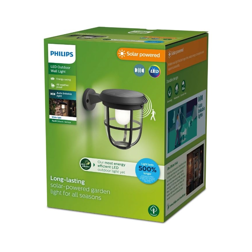 Philips - LED Luz solar de pared con sensor de movimiento y crepuscular RADII LED/1,3W/3,7V 2000 mAh 3000K IP44