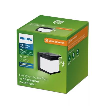 Philips - Lámpara solar de pared LED con sensor DIARA LED/3,8W/3,7V 800 mAh 2700K IP44 negro