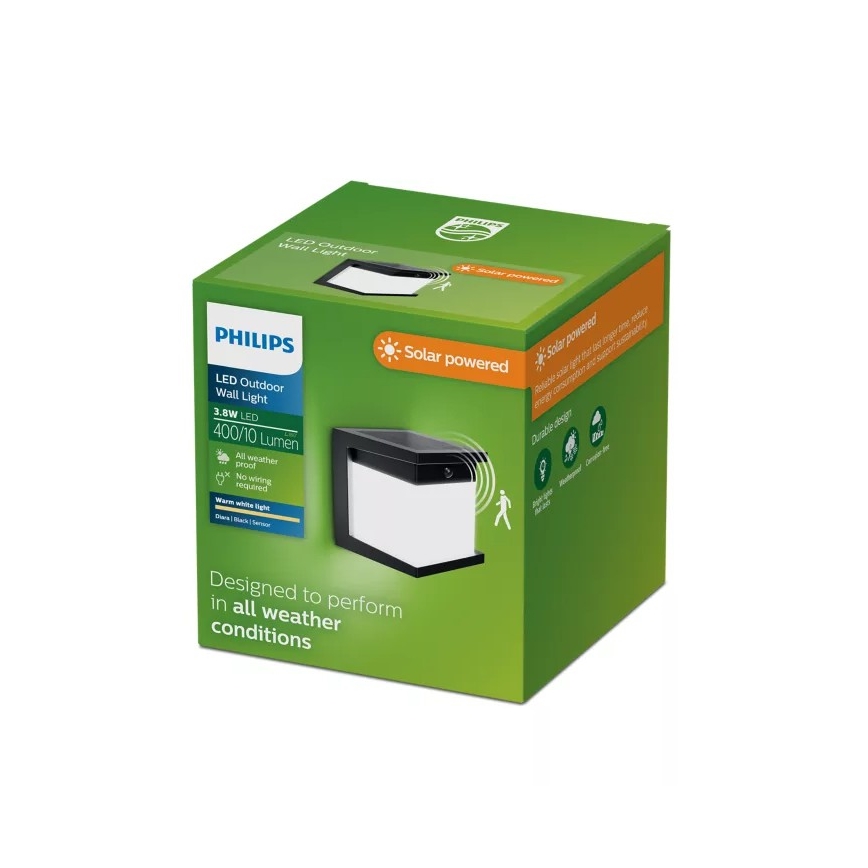 Philips - Lámpara solar de pared LED con sensor DIARA LED/3,8W/3,7V 800 mAh 2700K IP44 negro