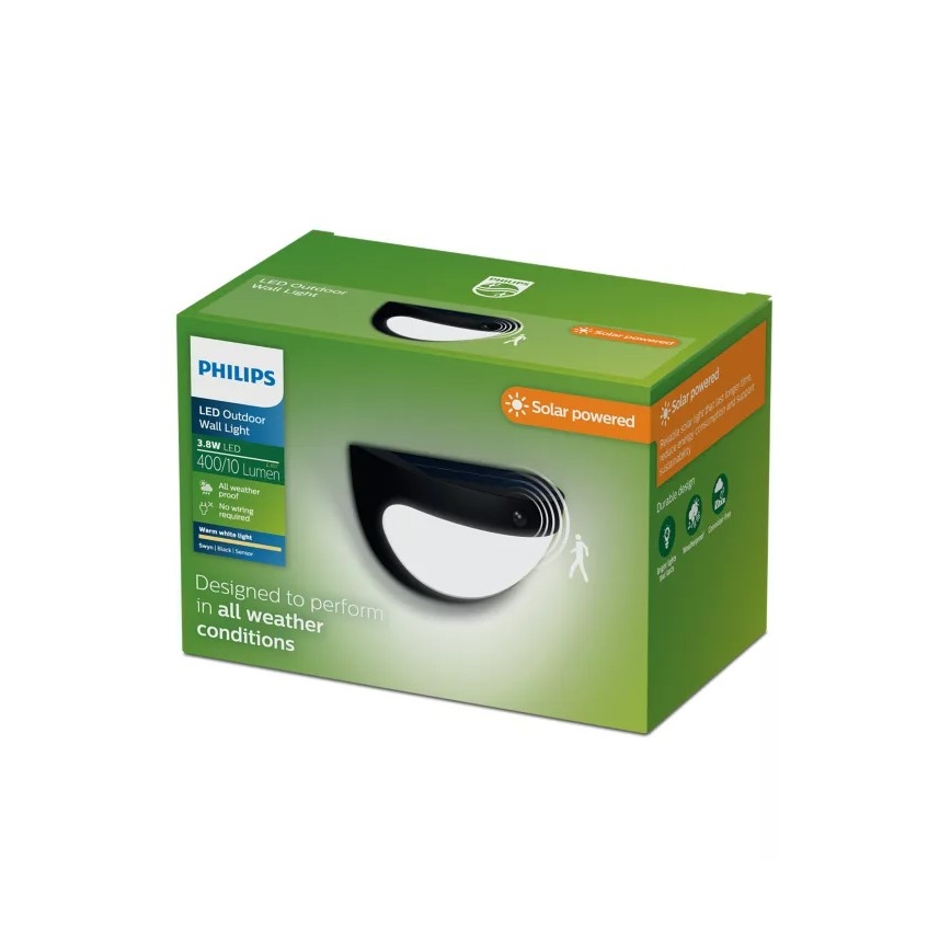 Philips - Aplique solar LED de pared con sensor SWYN LED/3,8W/3,7V 800 mAh 2700K IP44 negro