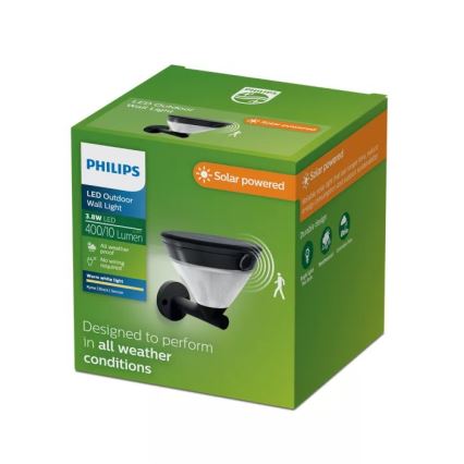 Philips - Lámpara de pared solar LED con sensor KYNA LED/3,8W/3,7V 800 mAh 2700K IP44 negra