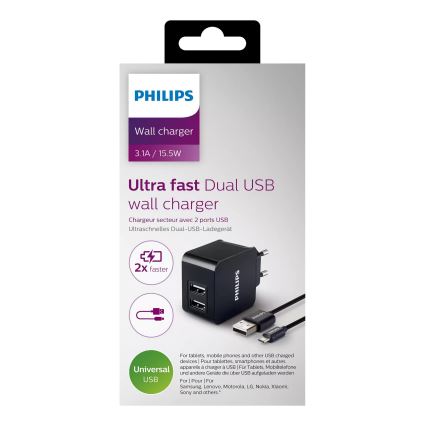 Philips DLP2307U/12 - Adaptador de carga 2xUSB/15,5W/230V + cable micro USB 1m
