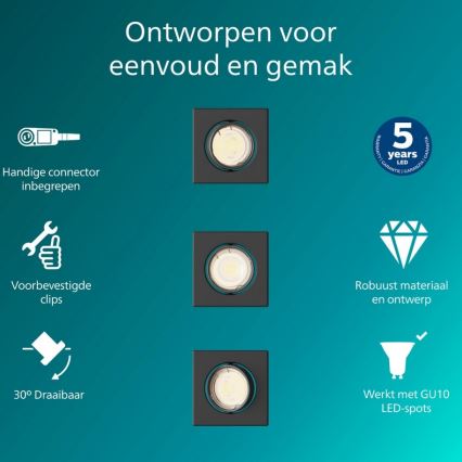 Philips - Juego de 3 luminarias empotrables PERIDOT 1x GU10/7W/230V, negro