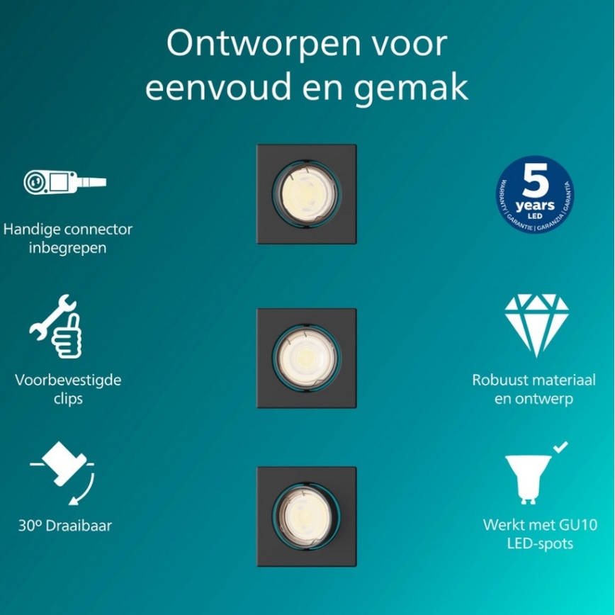 Philips - Juego de 3 luminarias empotrables PERIDOT 1x GU10/7W/230V, negro