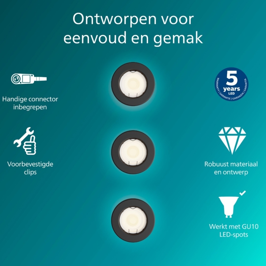 Philips - Juego de 3 luminarias empotrables PERIDOT 1xGU10/7W/230V negro