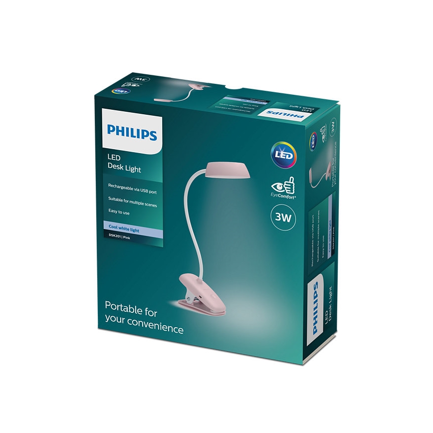 Philips - Lámpara LED regulable con clip DONUTCLIP LED/3W/5V 1200 mAh CRI 90 rosa