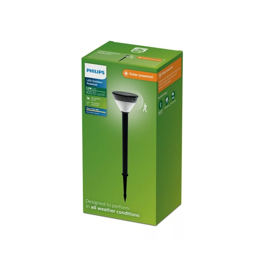 Philips - Lámpara solar LED con sensor KYNA LED/3,8W/3,7V 800 mAh 2700K IP44 negra