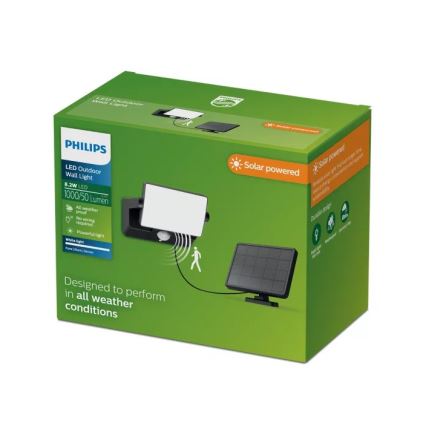 Philips - Reflector LED solar de pared con sensor FYNS LED/8,2W/3,7V 2600 mAh 3000K IP44 negro