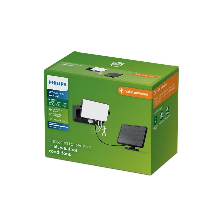 Philips - Reflector LED solar de pared con sensor FYNS LED/8,2W/3,7V 2600 mAh 3000K IP44 negro