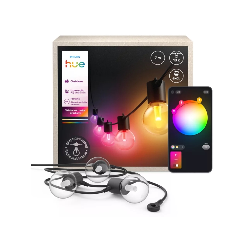 Philips - Cadena de luces LED RGBW para exterior, regulable y extensible Hue FESTAVIA, 10 LEDs, 7 m, IP65