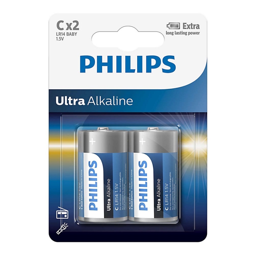 Philips LR14E2B/10 - 2 unidades Pilas alcalinas C ULTRA ALKALINE 1,5V 7500mAh