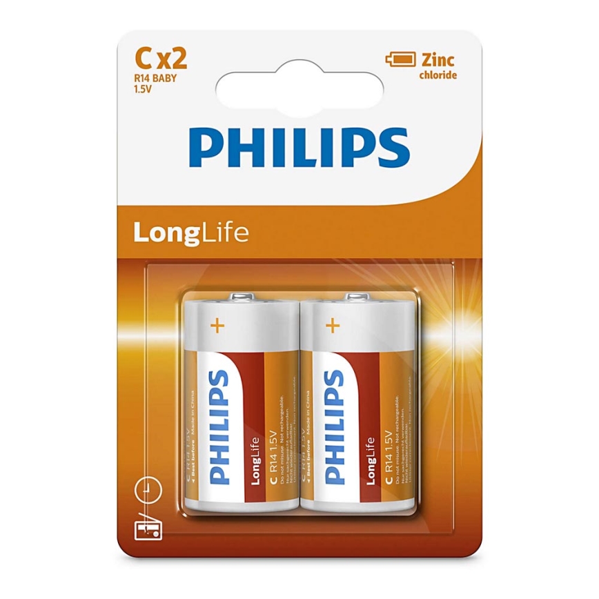 Philips R14L2B/10 - 2 unidades Pilas de cloruro de zinc C LONGLIFE 1,5V 2800mAh