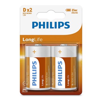 Philips R20L2B/10 - 2 unidades Pilas de cloruro de zinc D LONGLIFE 1,5V 5000mAh